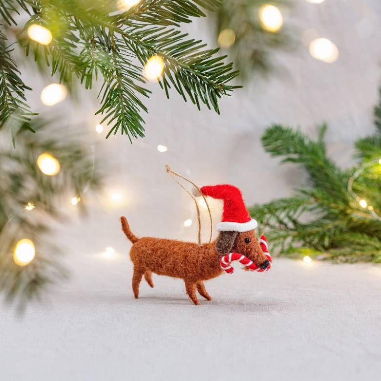 Sausage Dog With Candy Cane Felt Hanging Christmas Decoration