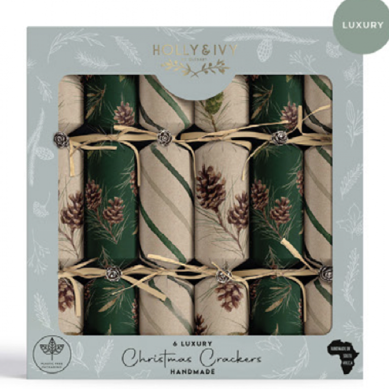 Box Of 6 Luxury Christmas Crackers - Kraft Pinecones