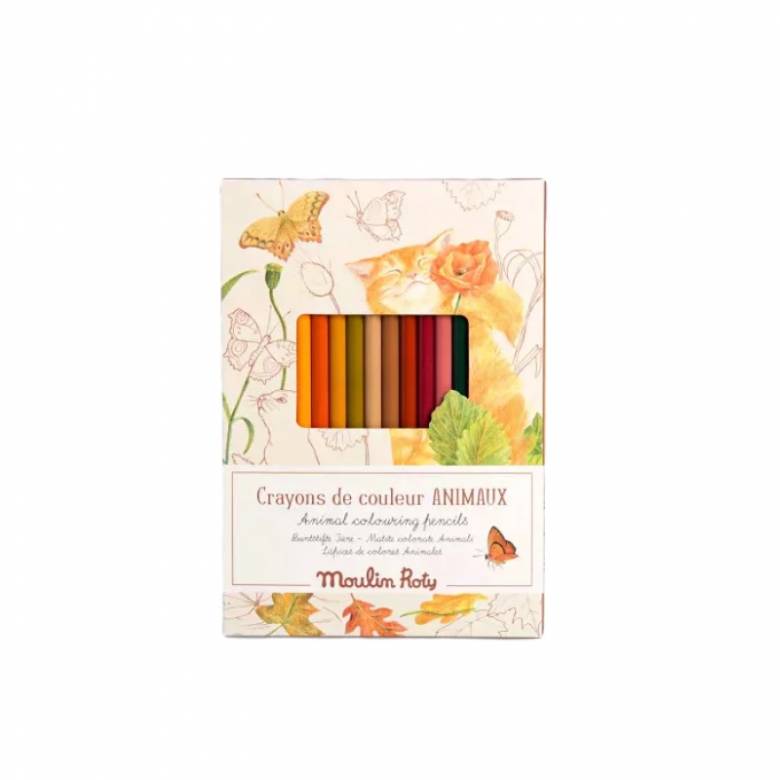 Set Of 12 Animals Colouring Pencils With Cards By Moulin Roty 3+