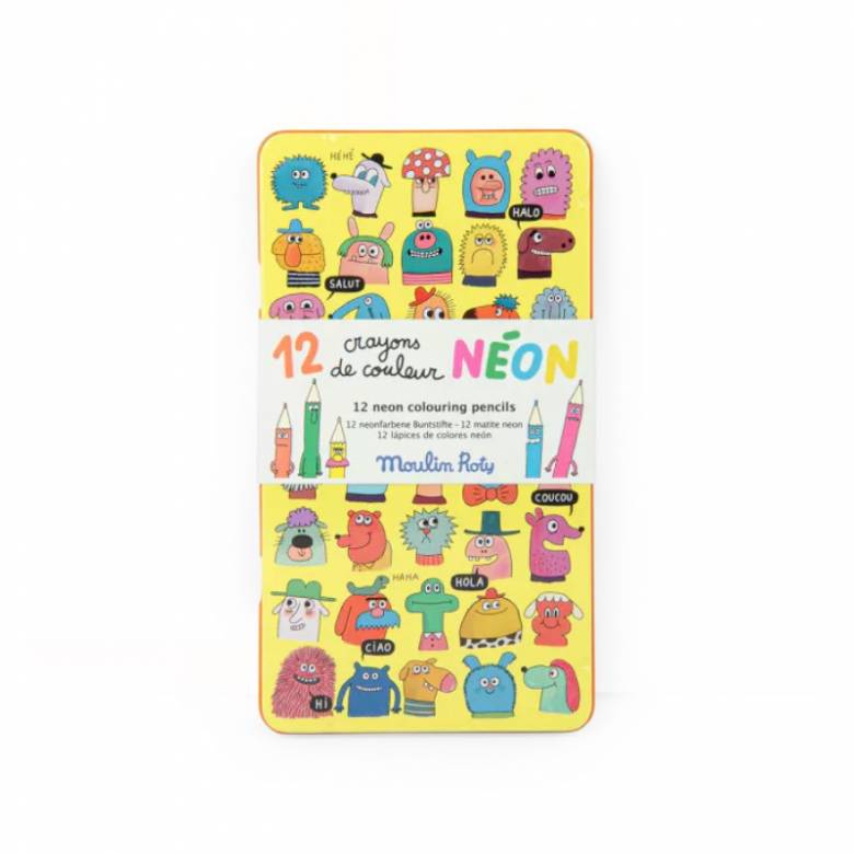 Set Of 12 Neon Colouring Pencils In Tin By Moulin Roty 3+
