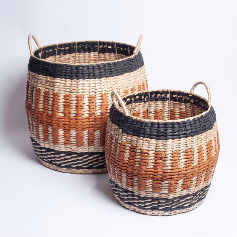 Set Of 2 Baskets With Orange & Black Patterns & Handles