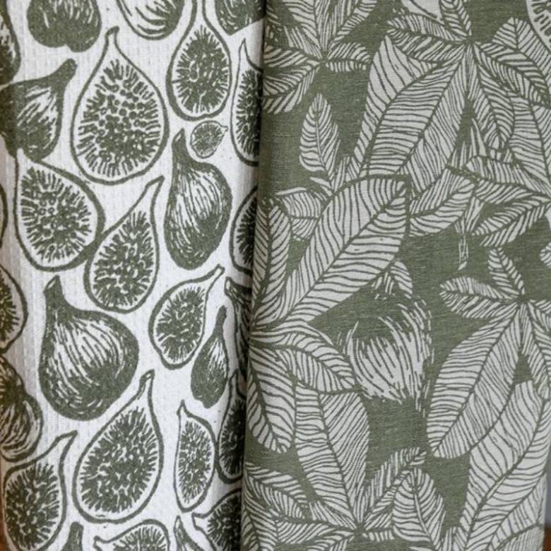 Set Of 2 Cotton Tea Towels In Burnt Olive Fig Tree Print