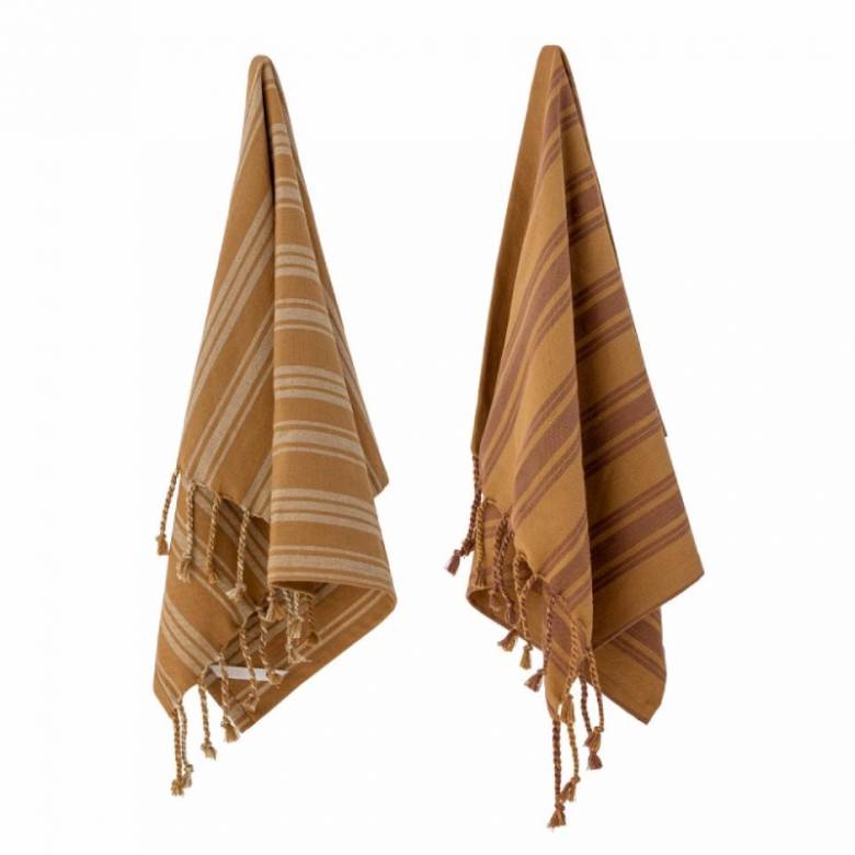 Set Of 2 Tea Towels In Brown Stripe