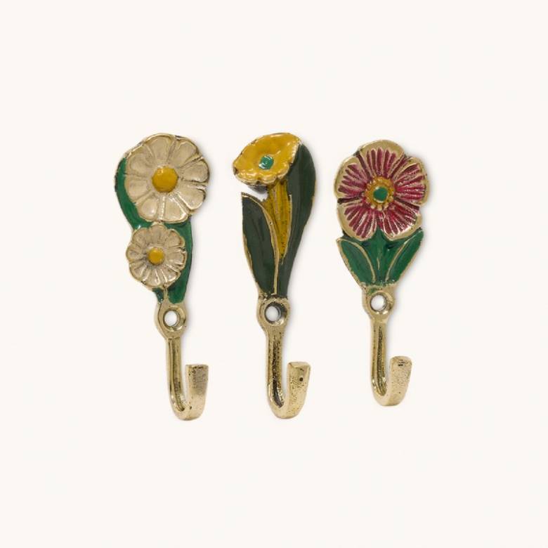 Set Of 3 Brass Posey Flower Hooks