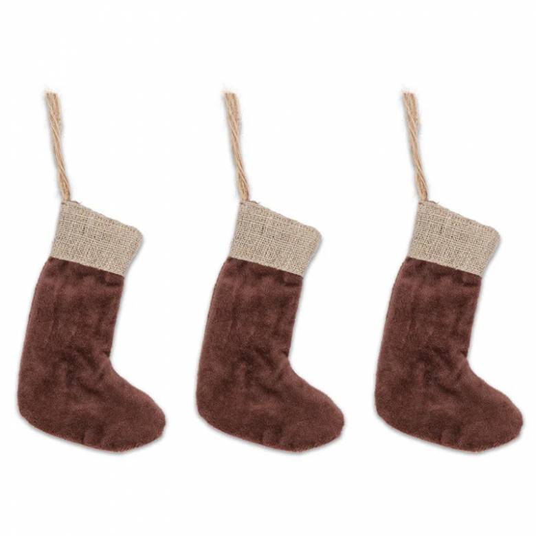 Set Of 3 Karru Mini Velvet Christmas Stockings In Rich Mocha