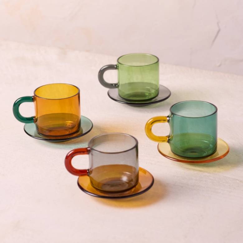 Set Of 4 Glass Espresso Cups & Saucers