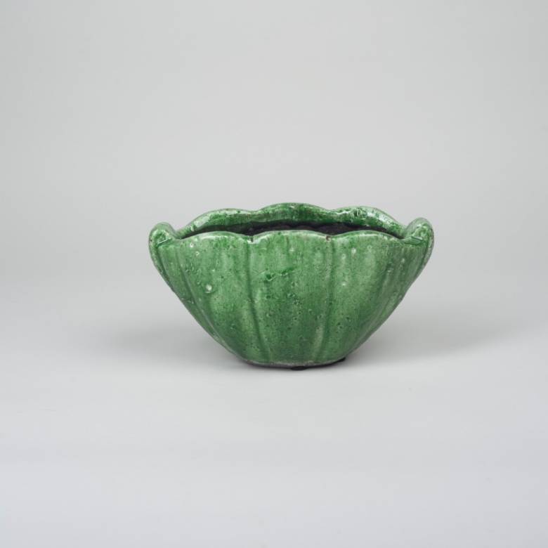 Shell Shaped Plant Pot In Dark Green Crackle Glaze