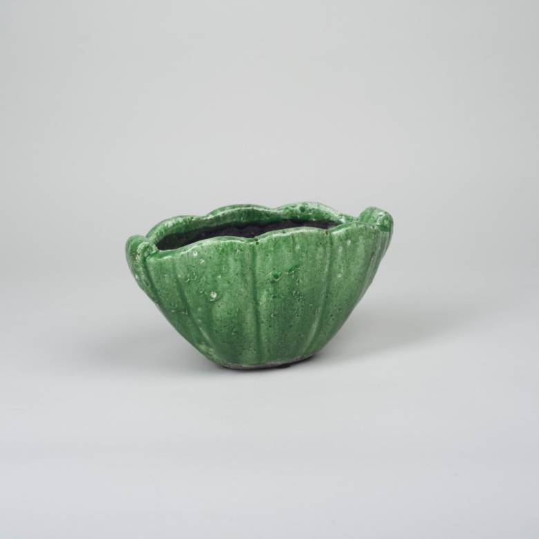 Shell Shaped Plant Pot In Dark Green Crackle Glaze