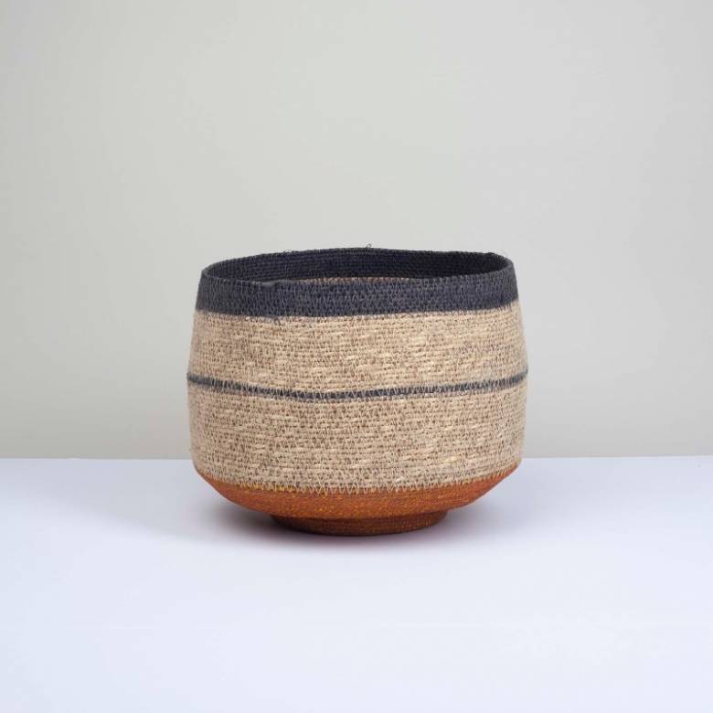 Short Basket With Black Stripes & Mustard Base H:18cm
