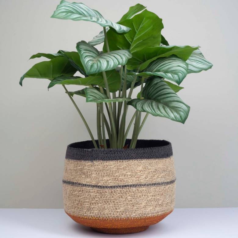 Short Basket With Black Stripes & Mustard Base H:18cm