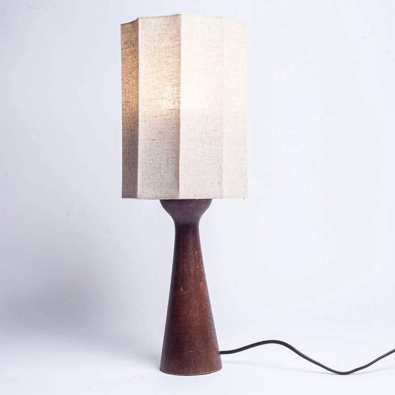 Short Wooden Table Lamp In Russet With Octagonal Linen Shade