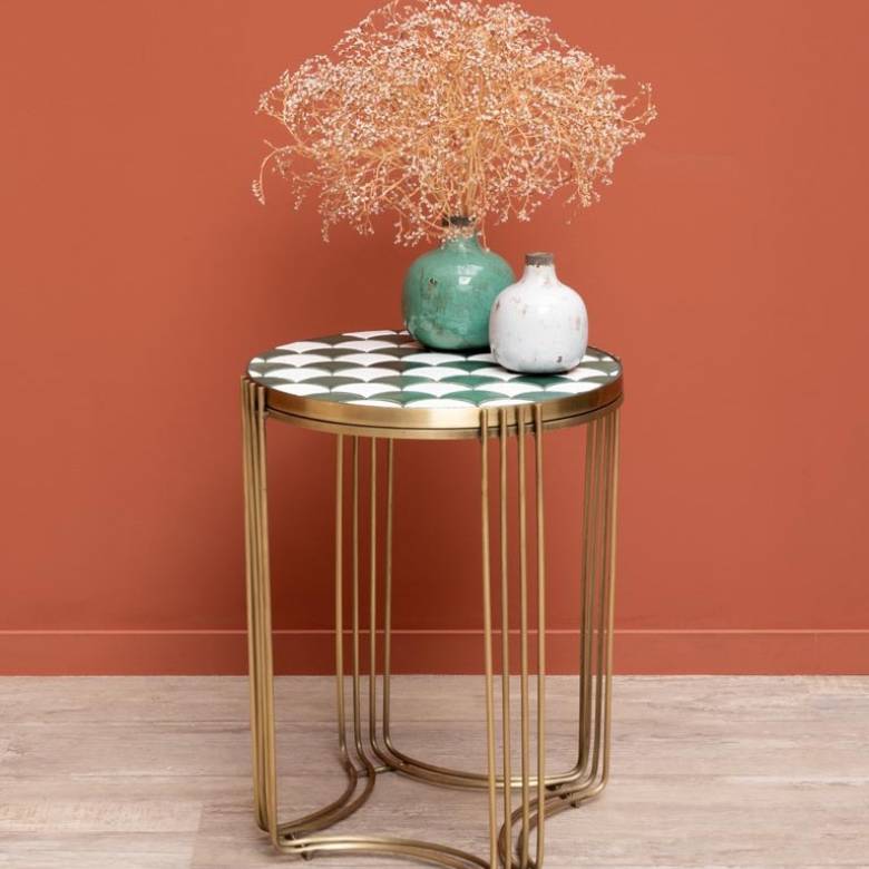 Side Table With Fish Scale Tiles & Brass Frame H:50cm