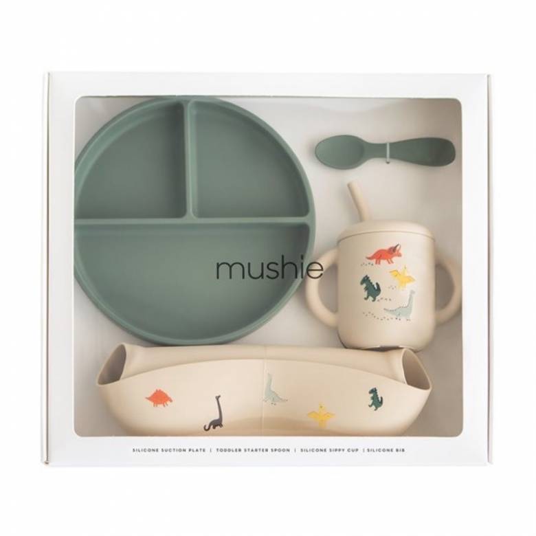 Silicone Toddler Feeding Set In Green Dinosaurs 6m+