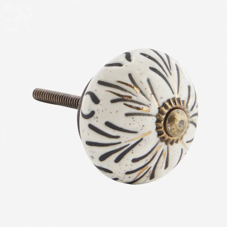 Single Hand Painted Stoneware Doorknob In Black, White & Gold