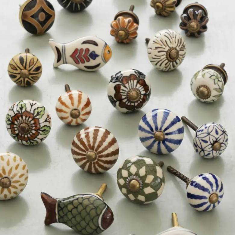 Single Hand Painted Stoneware Doorknob In Off White & Yellow