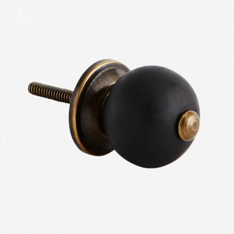 Single Handmade Stoneware Doorknob In Black & Antiqued Brass