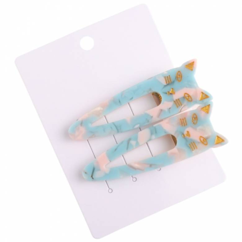 Sky Blue Cat - Pair Of Barrette Hair Clips