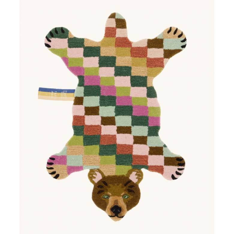 Small Archie Bear In Check Shaped Wool Rug