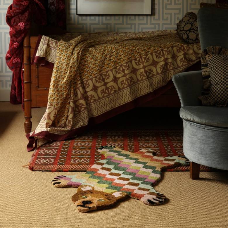 Small Archie Bear In Check Shaped Wool Rug