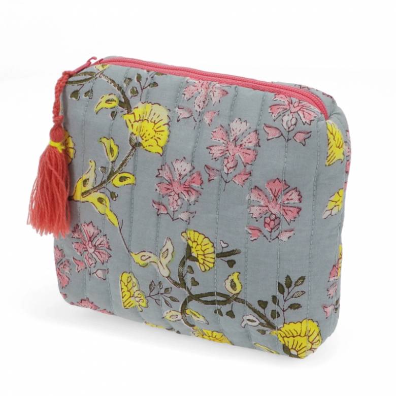Small Cotton Wash Bag In Grey And Pink Floral Block Print