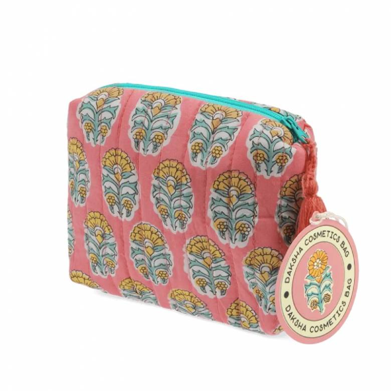 Small Cotton Wash Bag In Pink And Blue Floral Block Print