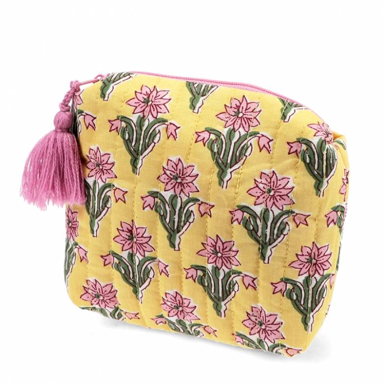 Small Cotton Wash Bag In Yellow And Pink Floral Block Print