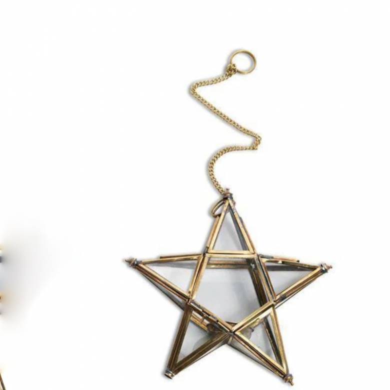 Small Glass Star Hanging Decoration In Antique Brass