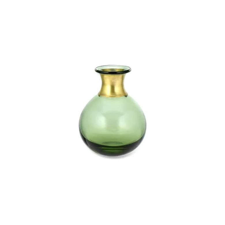 Small Green Glass Vase With Brass Band 11x8cm