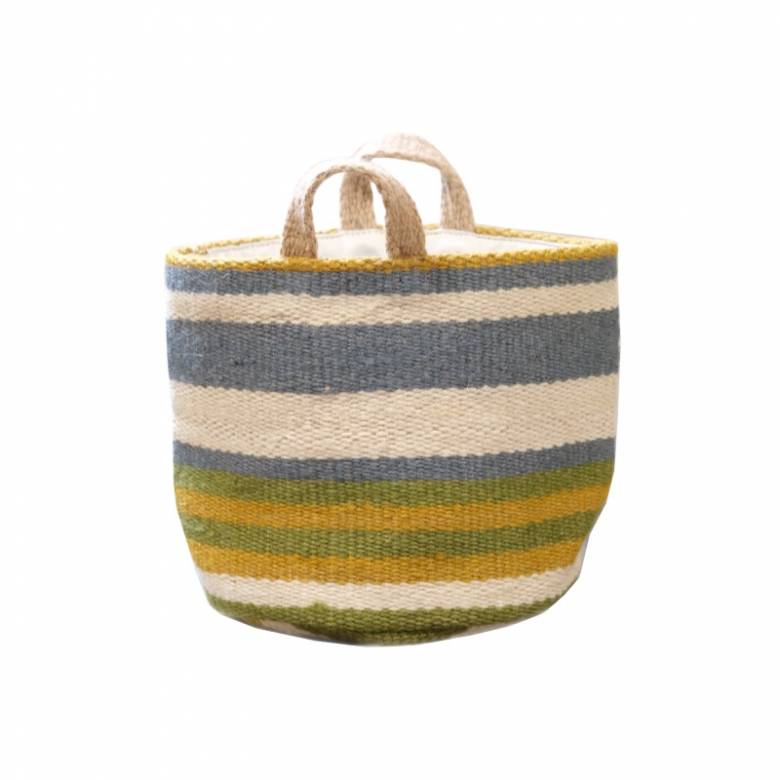 Small Jute Storage Basket In Blue, Green & Yellow Stripe 20x20cm