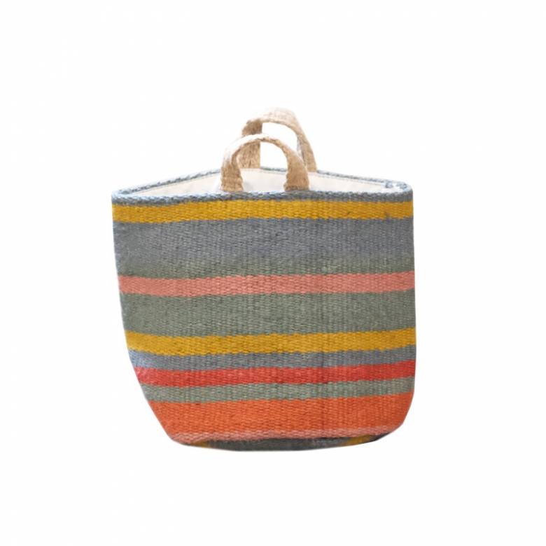 Small Jute Storage Basket In Blue, Orange & Pink Stripe 20x20cm