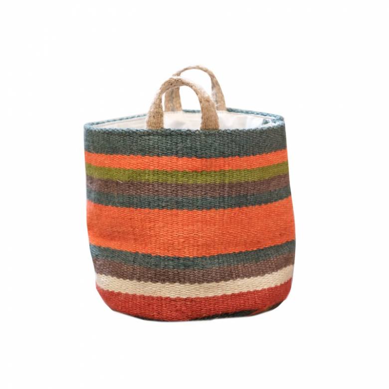 Small Jute Storage Basket In Orange & Dark Blue Stripe 20x20cm