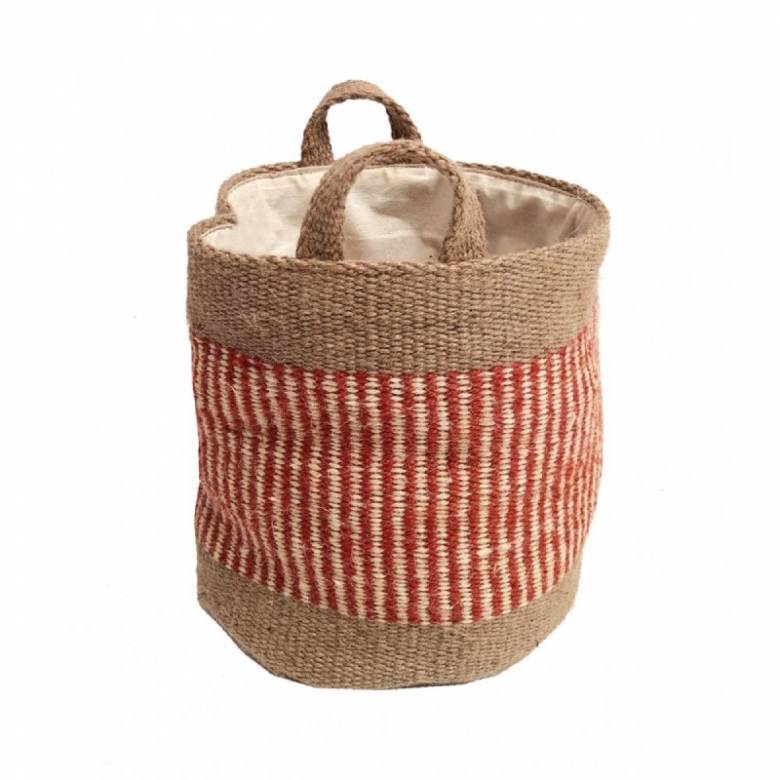 Small Jute Storage Basket In Rust Stripe With Border 20x20cm