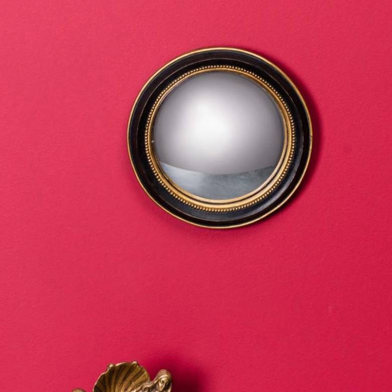 Small Round Black & Gold Convex Mirror With Beading D:19cm