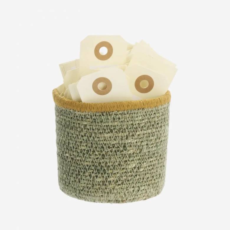 Small Round Seagrass Basket In Green With Yellow Trim