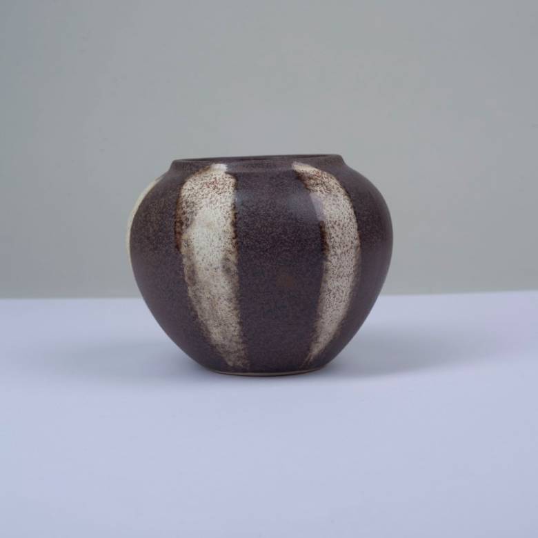 Small Round Stoneware Vase In Brown & Off White