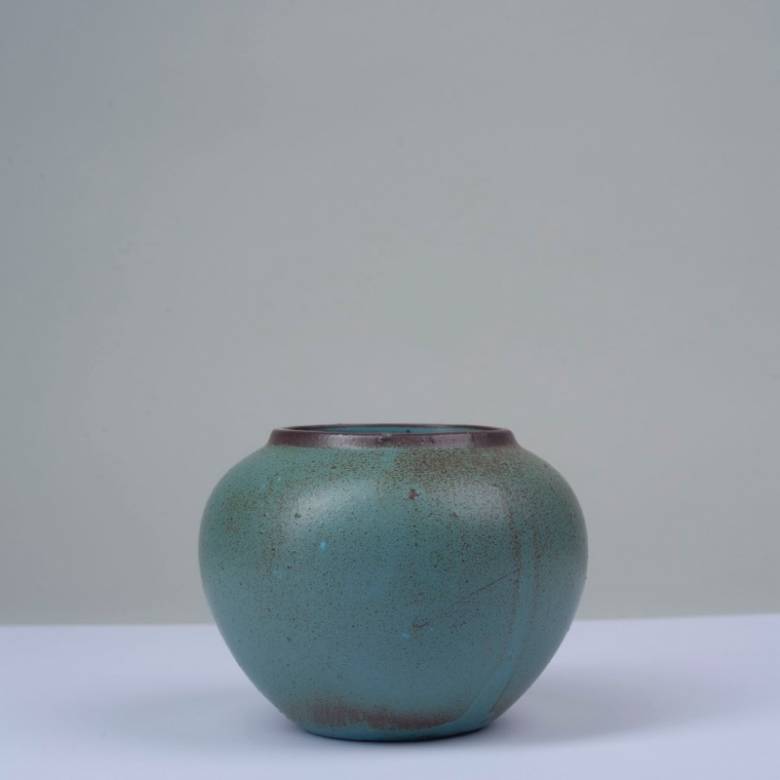 Small Round Stoneware Vase In Green & Brown