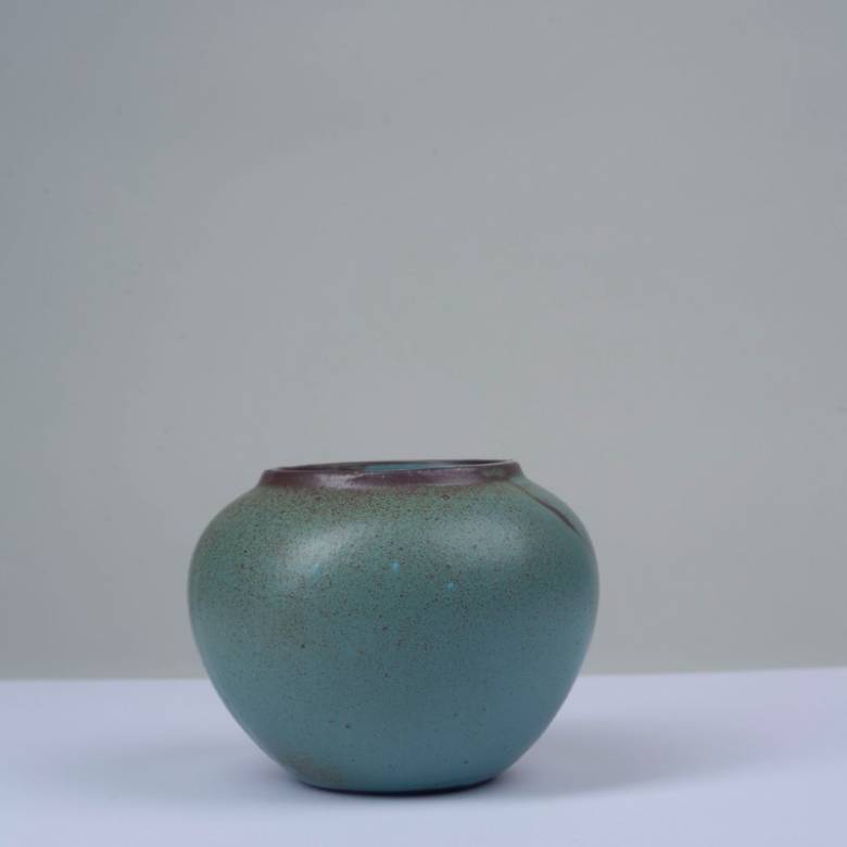 Small Round Stoneware Vase In Green & Brown