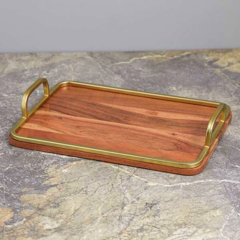Small Teak Tray With Brass Trim & Handles