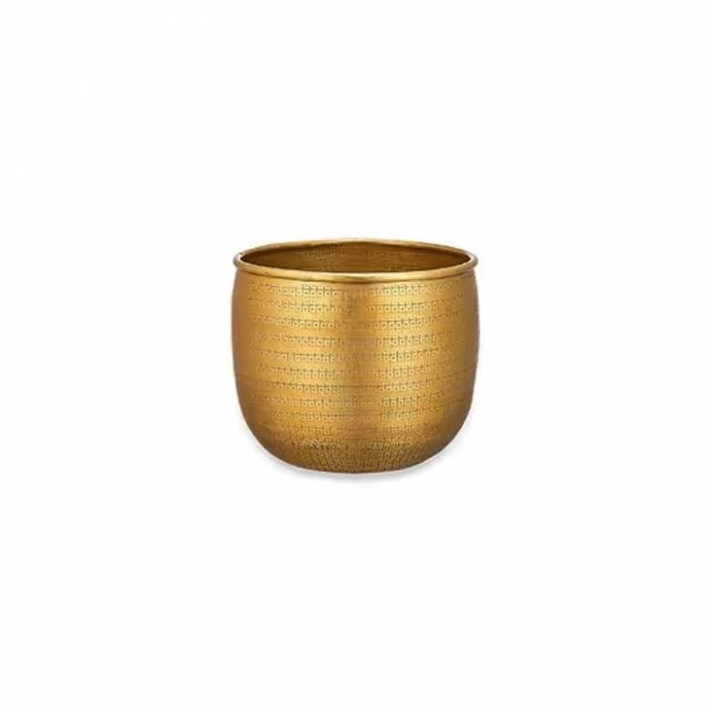 Small Tembesi Metal Etched Planter In Antique Brass H: 18cm