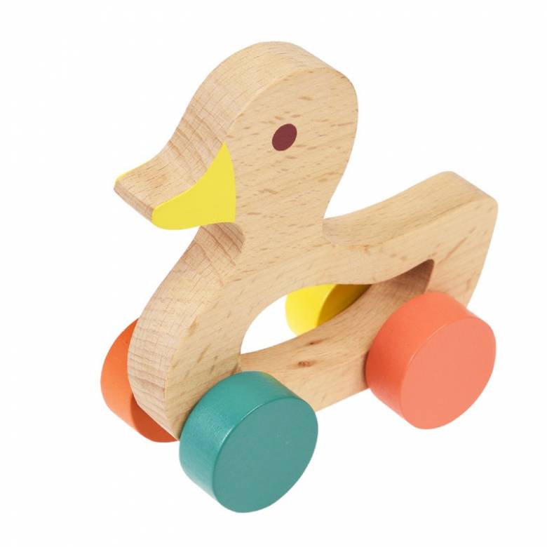 Small Wooden Duck On Wheels Push Along Toy 1+