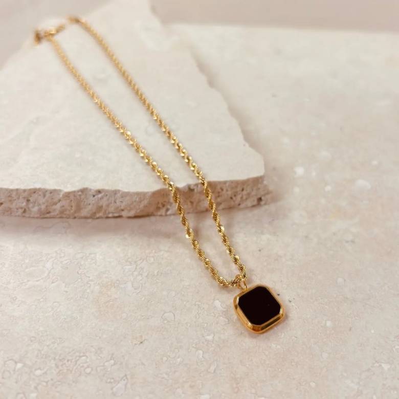 Square Black Noir Pendant On Gold Rope Chain