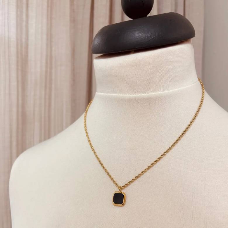 Square Black Noir Pendant On Gold Rope Chain