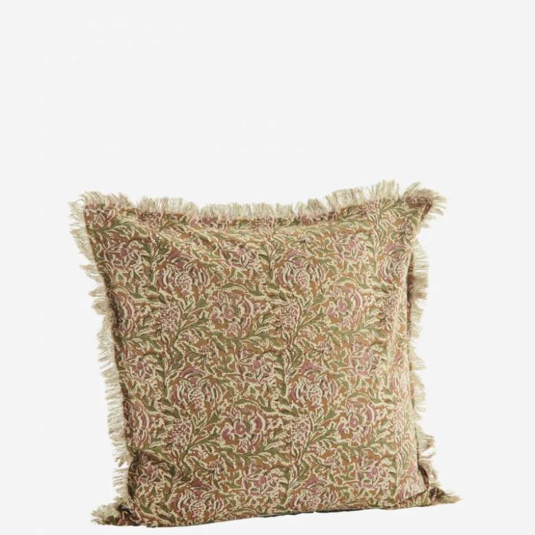 Square Cushion In Honey Rose Block Print With Fringing 50x50