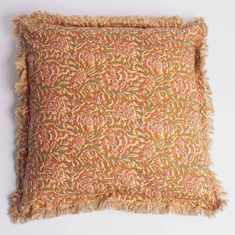 Square Cushion In Honey Rose Block Print With Fringing 50x50