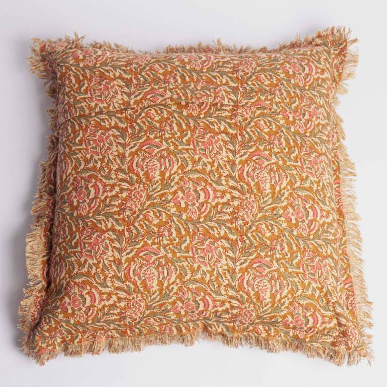 Square Cushion In Honey Rose Block Print With Fringing 50x50