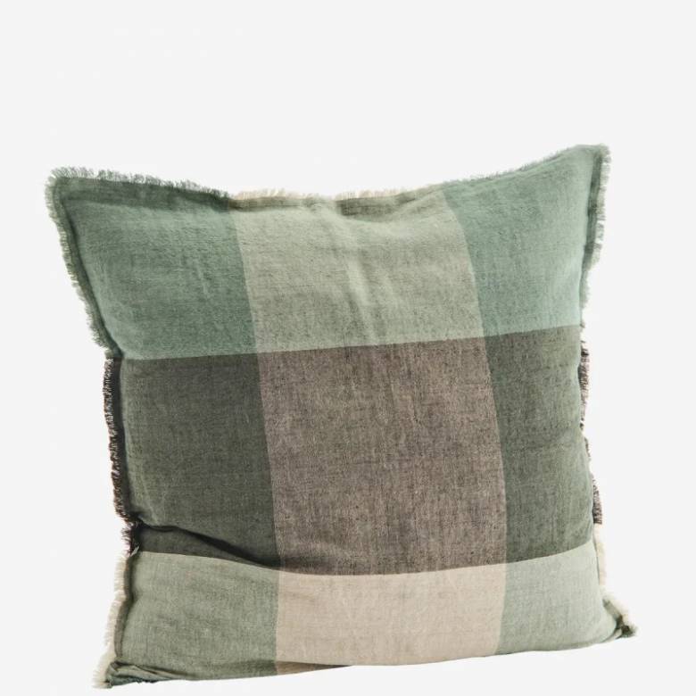 Square Green Checked Linen Cushion 60x60cm
