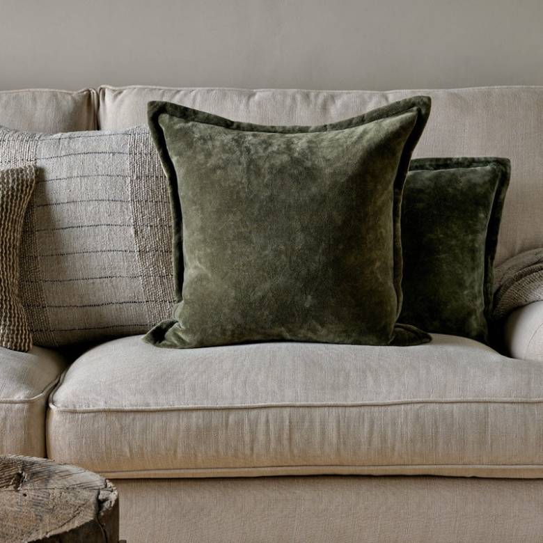 Square Pilani Velvet & Linen Cushion In Moss 50x50cm