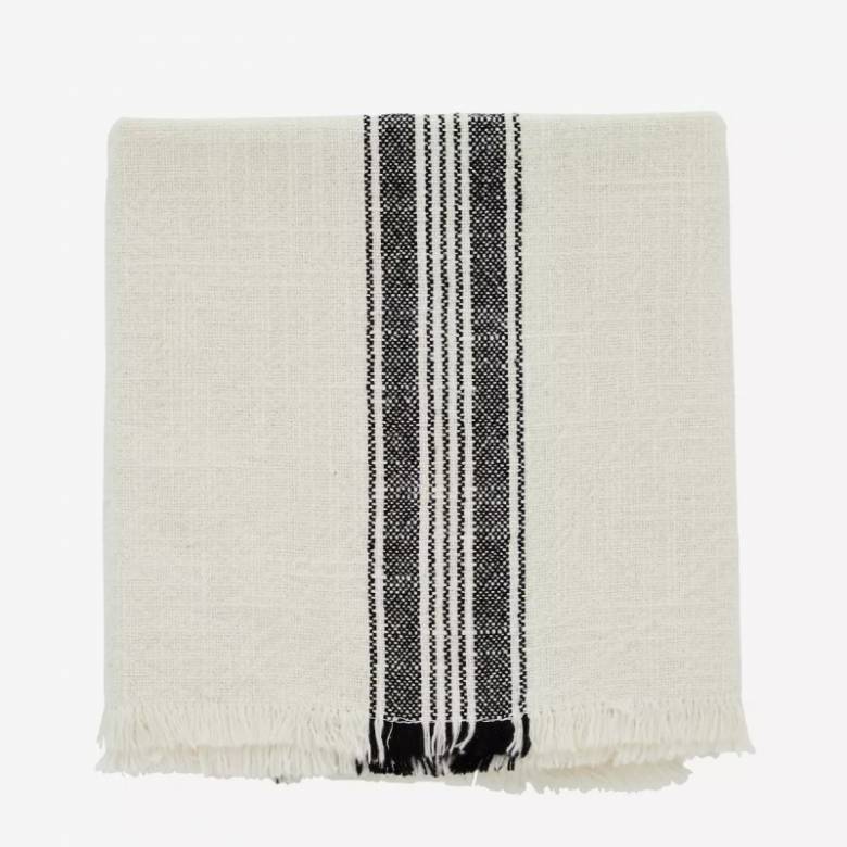 Striped Cotton Tea Towel With Fringing In White