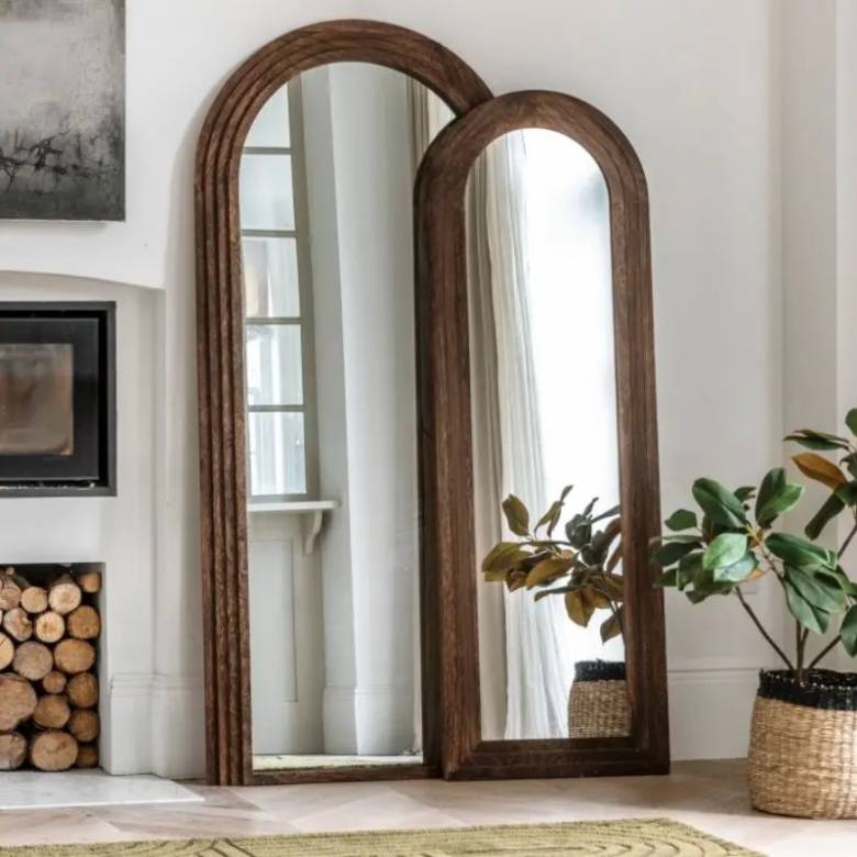 Tall Slim Wooden Arched Mirror With Ridged Detailing 54x163cm