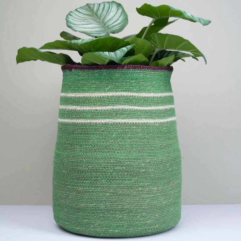 Tall Tapered Basket In Green With White Stripes H:39cm